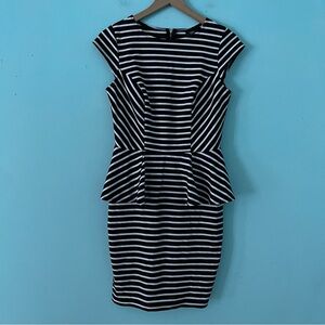 Mossimo Striped Black Peplum Waist Jersey Knit Dress M Bodycon Pencil Retro Y2K